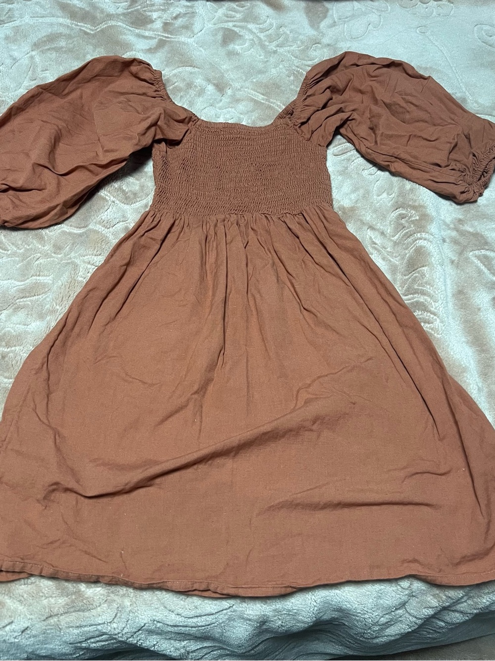 Smocked Bodice Puff Sleeve Midi Dress in Rust